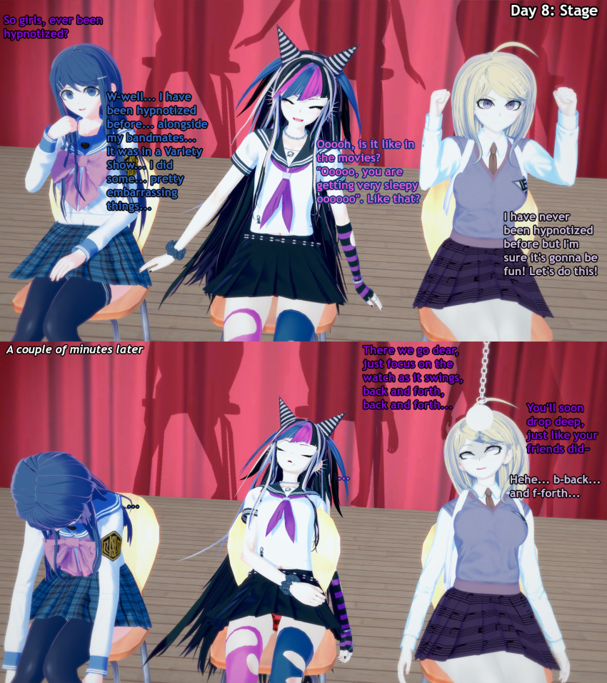 3d ahoge black_hair blonde_hair blue_hair dangan_ronpa dialogue english_text eye_roll happy_trance hypnovember ibuki_mioda kaede_akamatsu koikatsu! limp liz_b pocket_watch punk sayaka_maizono skirt sleeping slouching stage_hypnosis text