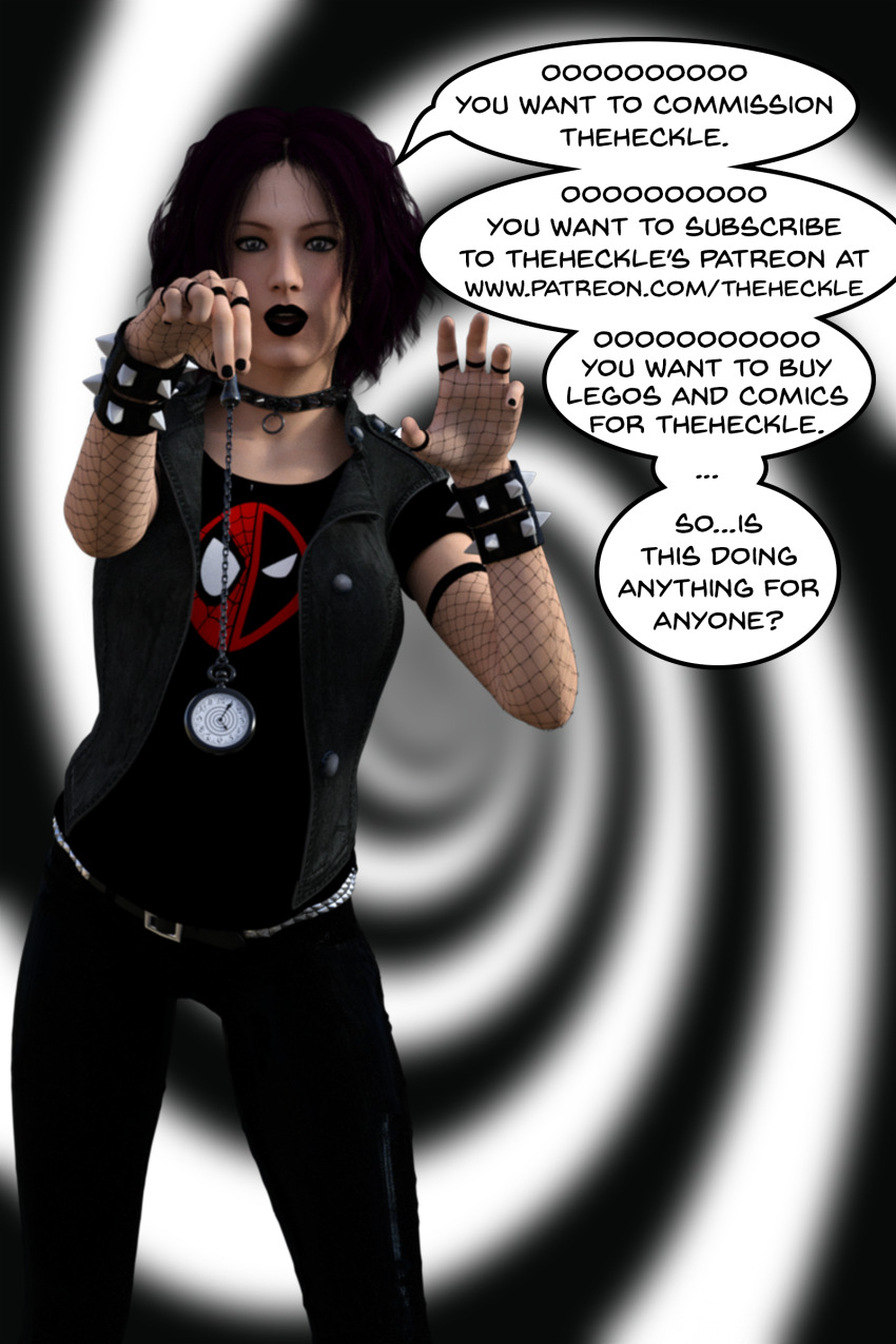 3d advertisement collar dee_(theheckle) dialogue goth humor original pocket_watch pov_sub purple_hair spiral_background text theheckle