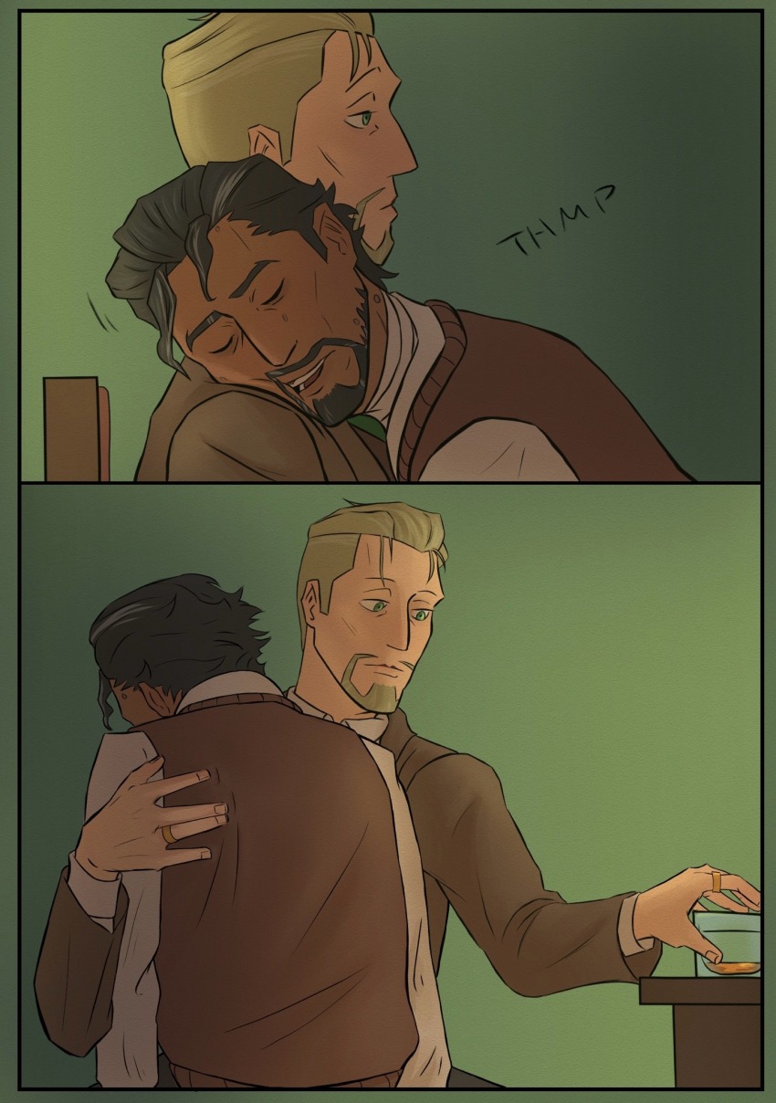 beard chair comic elias_bouchard jonathan_sims male_only scar sitting sleeping sweetmapple the_magnus_archives yaoi