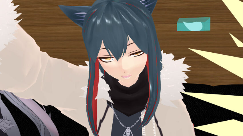3d airmotor animal_ears arknights arm_levitation black_hair clothed coat couch empty_eyes eye_roll female_only femsub fur_coat gloves heavy_eyelids jewelry long_hair mmd multicolored_hair necklace office open_mouth orange_eyes scarf shorts sitting texas_(arknights) tights traditional_hypnosis upskirt wolf_girl
