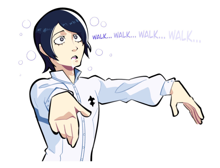 black_eyes blue_hair bubble clothed dazed dialogue drool himbonosis male_only malesub mantra open_mouth persona_(series) persona_5 shirt short_hair simple_background text white_background yusuke_kitagawa zombie_walk