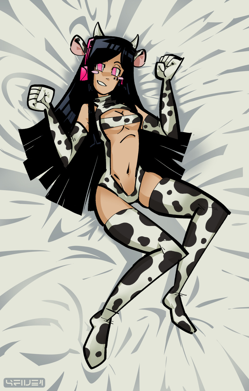 4five1 bed black_hair blush dakimakura female_only femsub headphones lingerie long_hair original simple_background smile spiral_eyes