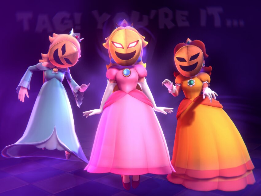 aura blonde_hair brown_hair crown dress earrings english_text female_only femsub floating glowing_eyes jewelry long_hair mask multiple_girls multiple_subs nintendo onmodel3d phanto possession princess princess_daisy princess_peach princess_rosalina red_eyes super_mario_bros. tan_skin text