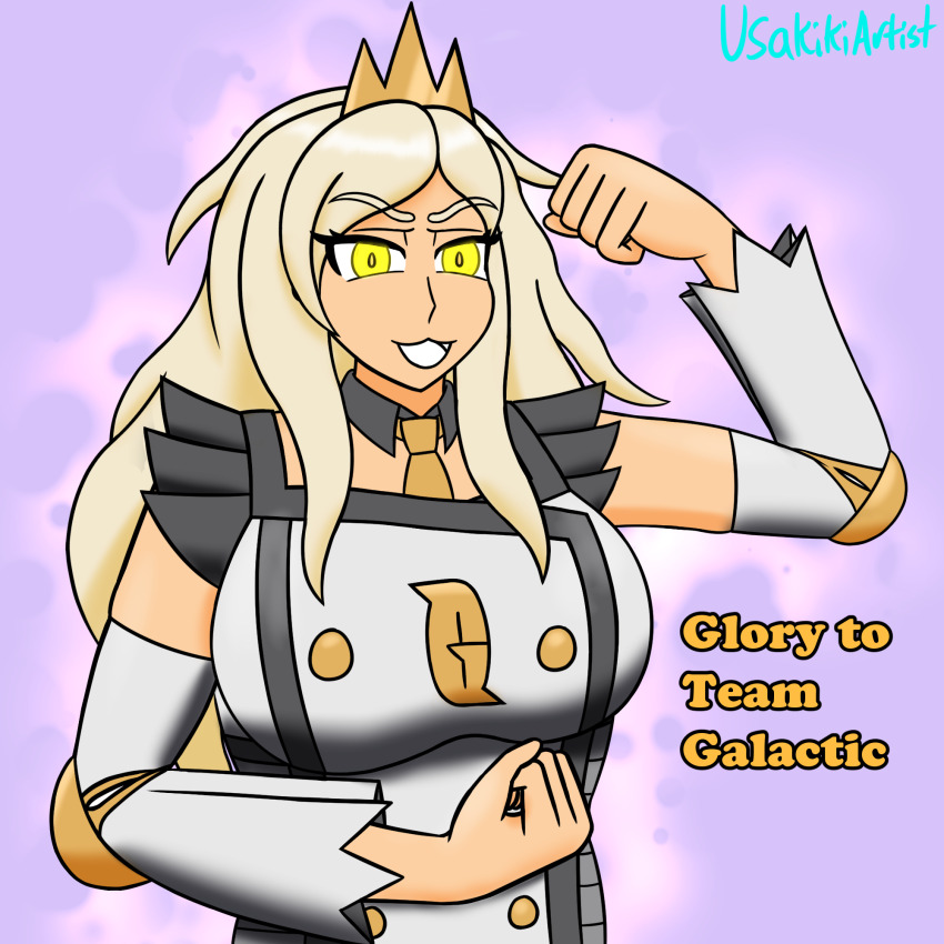 alternate_costume blonde_hair crown eri_(pokemon) female_only flexing glowing glowing_eyes nintendo pokemon pokemon_scarlet_and_violet team_galactic text usakiki yellow_eyes