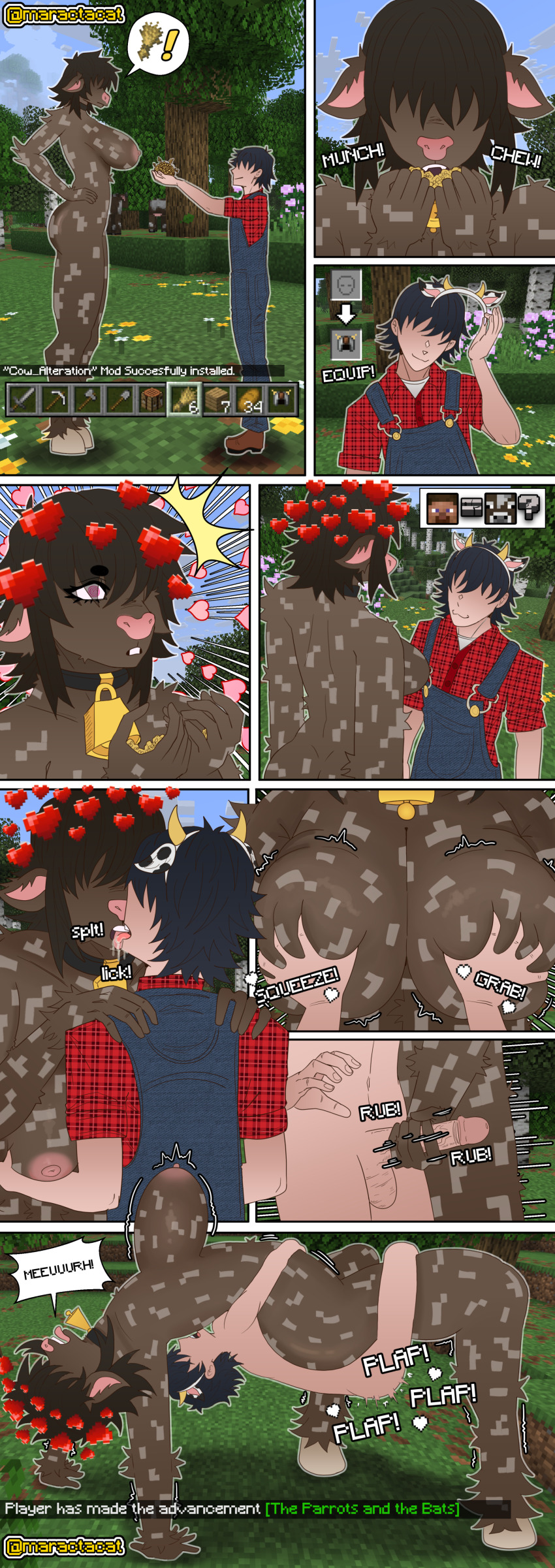 altered_perception assertive_sub cow_girl cowbell cowgirl femsub food furry gameplay_mechanics heterosexual huge_breasts human_on_furry hypnotic_eyes kissing maractacat minecraft parody sex size_difference spiral_eyes text trembling vaginal video_game
