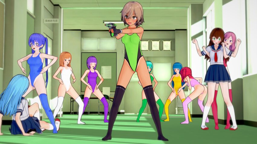 3d brown_hair femdom femsub haigure haigure_ayami haigure_ayami_(artist) happy_trance leotard original raygun school_uniform