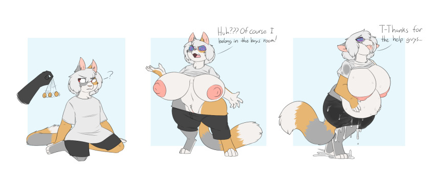 altered_common_sense arcanis breast_expansion breasts cat_girl cum dialogue furry genderswap huge_breasts nipples original pendulum pregnant pussy ring_eyes robertge short_hair shorts t-shirt transgender white_hair