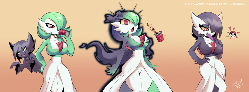 absurdres alternate_color_scheme alternate_form alternate_hair_color androgynous_dom breasts corruption drinking evil_smile eyeshadow femsub fusion gardevoir ghost goth gothification gradient_background groping hair_covering_one_eye hand_on_head hand_on_hip happy_trance haunter holding_breasts hugothetroll legs long_tongue makeup nintendo open_mouth pokeball pokemon pokemon_(creature) pokemon_red_green_blue_and_yellow pokemon_ruby_sapphire_and_emerald possession red_eyes sequence signature simple_background smile surprised tongue tongue_out transformation yellow_sclera