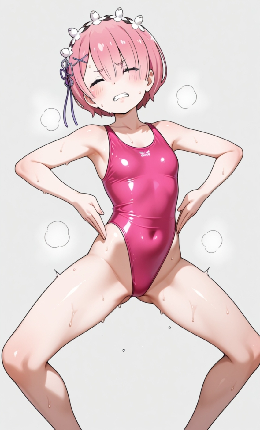 ai_art body_control femsub haigure leotard pink_hair ram_(re:zero) re:zero_starting_life_in_another_world short_hair swimsuit unhappy_trance