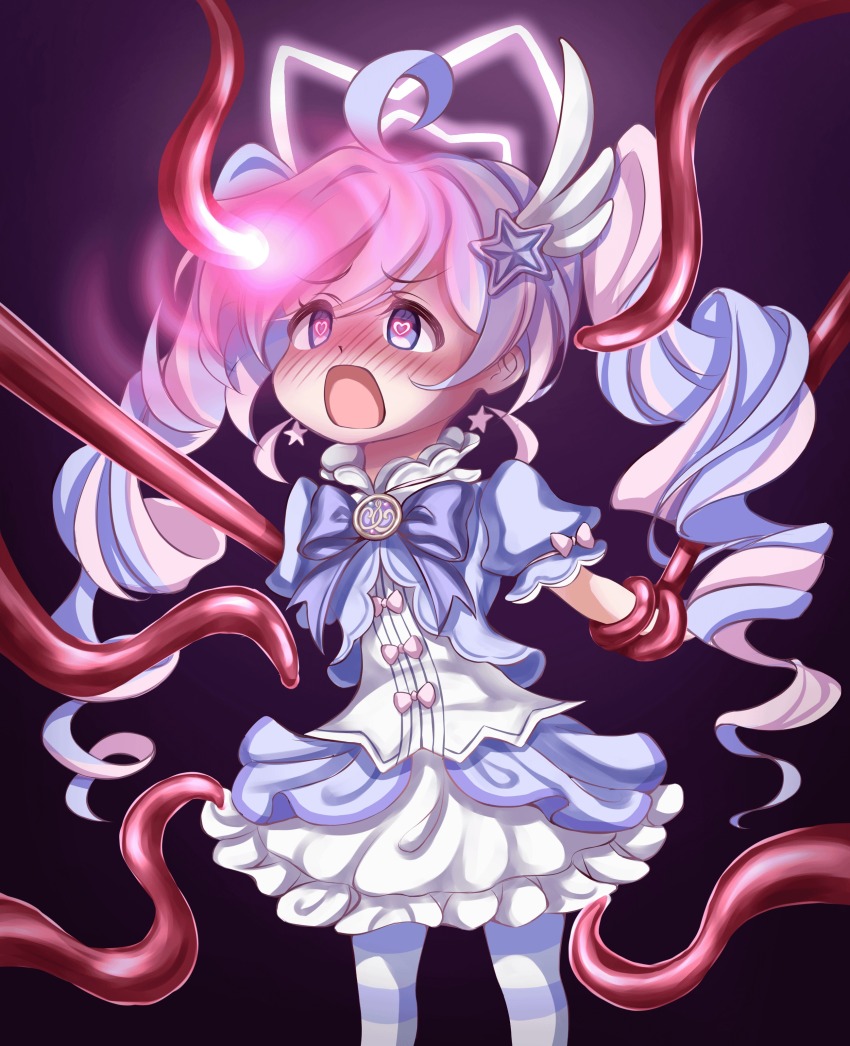 ahoge arms_behind_back bangs blue_archive blue_eyes blue_hair blush bow bow_tie corruption corset curly_hair earrings female_only femsub hair_ornament halo heart_eyes hypnotic_tentacle loli magical_girl multicolored_eyes multicolored_hair nebosikabotya open_mouth pink_hair purple_background reisa_(blue_archive) simple_background solo symbol_in_eyes tentacles thighhighs twintails