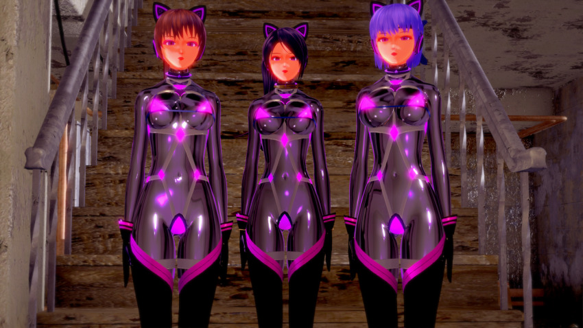 3d ayane_(dead_or_alive) black_hair bodysuit brown_hair cat_ears collar dead_or_alive empty_eyes expressionless fake_animal_ears female_only femsub gloves harness headband headphones kasumi_(dead_or_alive) koikatsu! latex momiji_(ninja_gaiden) multiple_girls multiple_subs ponytail purple_eyes purple_hair rubber short_hair standing standing_at_attention tech_control thighhighs tight_clothing yotuyu