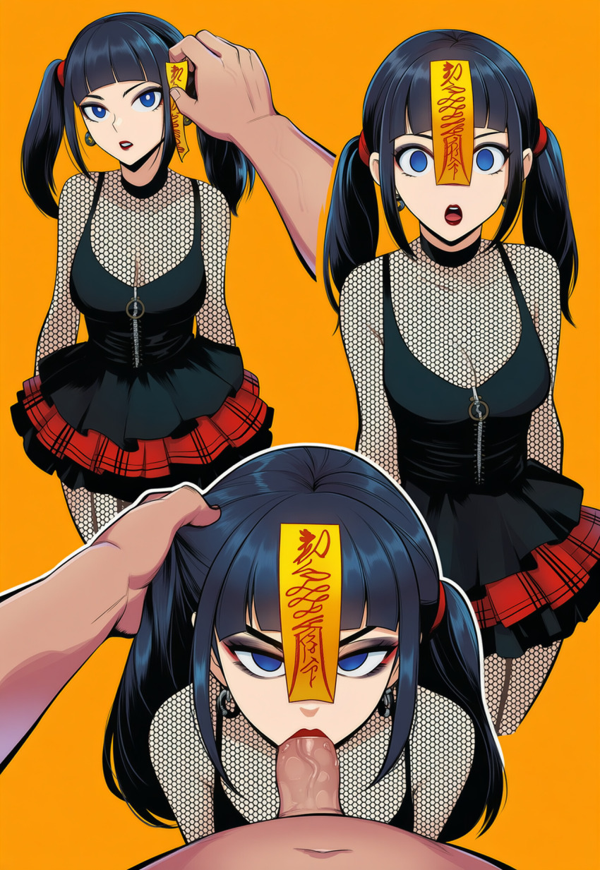 ai_art black_hair blue_eyes character_request choker comic copyright_request dress earrings empty_eyes erection expressionless eyeshadow fellatio femsub fishnets goth hellsing002_(generator) instant_loss jewelry kneeling lipstick makeup maledom oral orange_background penis simple_background skirt talisman twintails