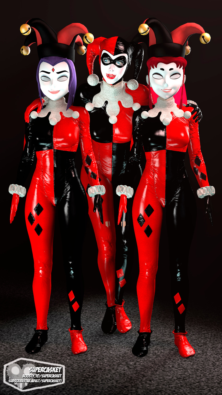 3d absurdres alien alien_girl alternate_costume batman_(series) bodysuit clown clownification corruption dc_comics female_only femdom femsub grey_skin harley_quinn long_hair multiple_girls multiple_subs open_mouth purple_hair raven red_hair source_filmmaker starfire super_hero supercasket teen_titans western whitewash_eyes