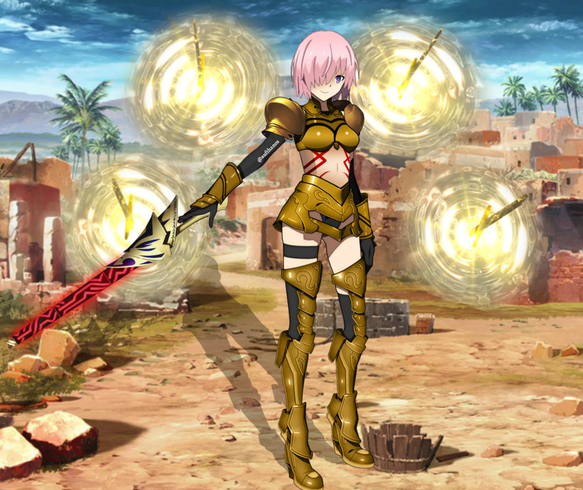 alternate_costume armor aufthanos aura body_markings breasts cosplay fate/grand_order fate/stay_night fate_(series) femsub floating gauntlets gilgamesh gloves glowing hair_covering_one_eye happy_trance high_heels maledom mashu_kyrielight midriff navel outdoors pink_hair possession purple_eyes short_hair smile standing sword thigh_boots thighhighs thighs trees weapon