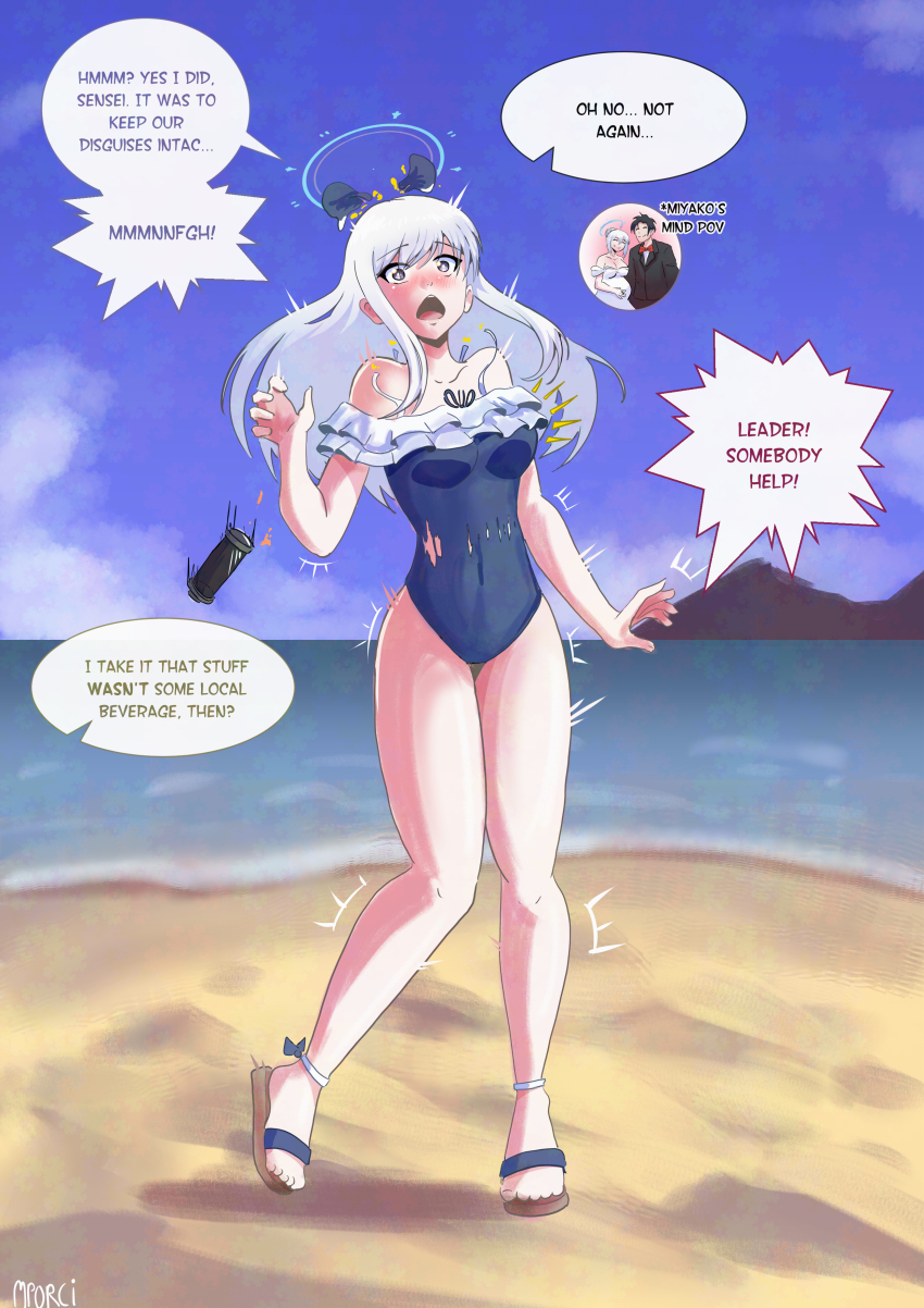 absurdres age_progression aware bare_shoulders beach blue_archive breast_expansion closed_eyes collarbone dialogue embarrassed english_text eyebrows_visible_through_hair femsub growth hair_ornament halo happy_trance hypnotic_drink long_hair looking_at_viewer memory_alteration milf miyako_(blue_archive) mporci_tsf one-piece_swimsuit open_mouth pregnant purple_eyes ribbon sandals self_hypnosis shrunken_irises signature speech_bubble swimsuit text thigh_gap thighs torn_clothes transformation white_hair