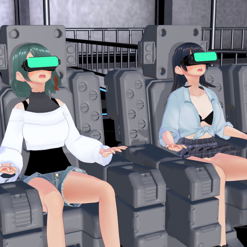 3d bangs bare_shoulders black_hair blush bra brown_hair chair cleavage corruption dead_or_alive drool female_only femsub glowing green_hair ikoul koikatsu! long_hair midriff multicolored_hair multiple_girls multiple_subs nanami_(dead_or_alive) open_mouth red_hair restrained short_hair shorts sitting skirt tamaki_(dead_or_alive) tech_control visor