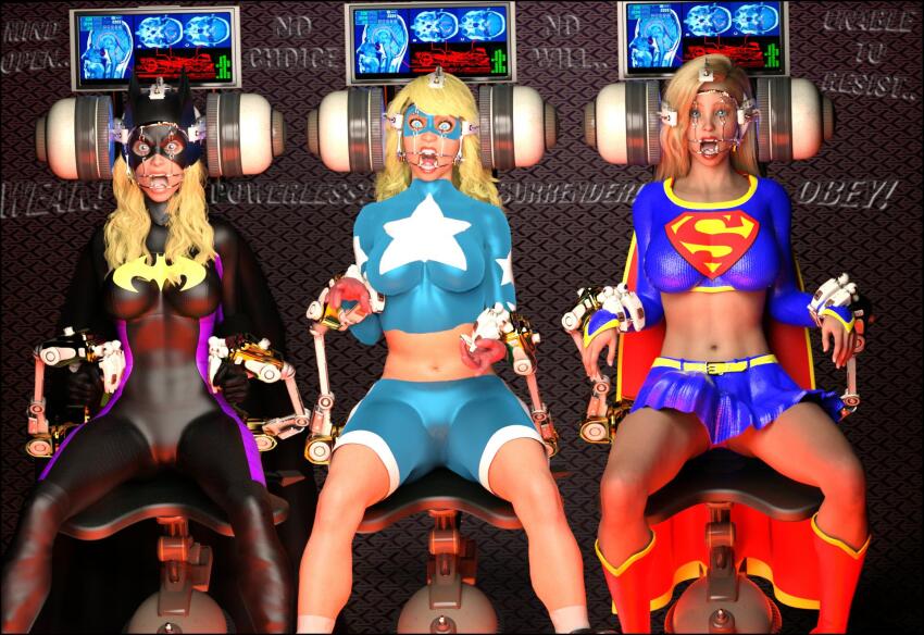 3d batgirl belt belted_skirt blonde_hair blue_eyes bodysuit boots brain_drain breasts cape chair cuffs daz_studio dc_comics eye_mask femsub long_hair mask midriff monitor navel nightmare_fuel open_mouth restrained shorts skirt spread_legs stargirl stephanie_brown super_hero supergirl tech_control text zomgzilla