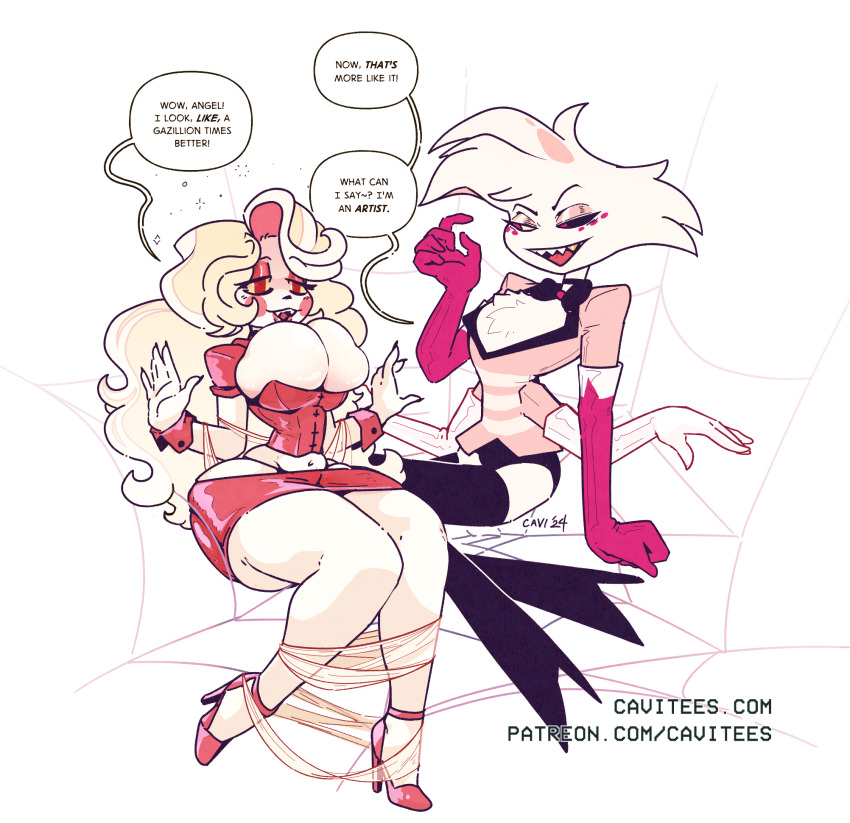 angel_dust_(hazbin_hotel) ass_expansion bimbofication blonde_hair breast_expansion cavitees charlie_(hazbin_hotel) comic femsub hazbin_hotel high_heels large_breasts text