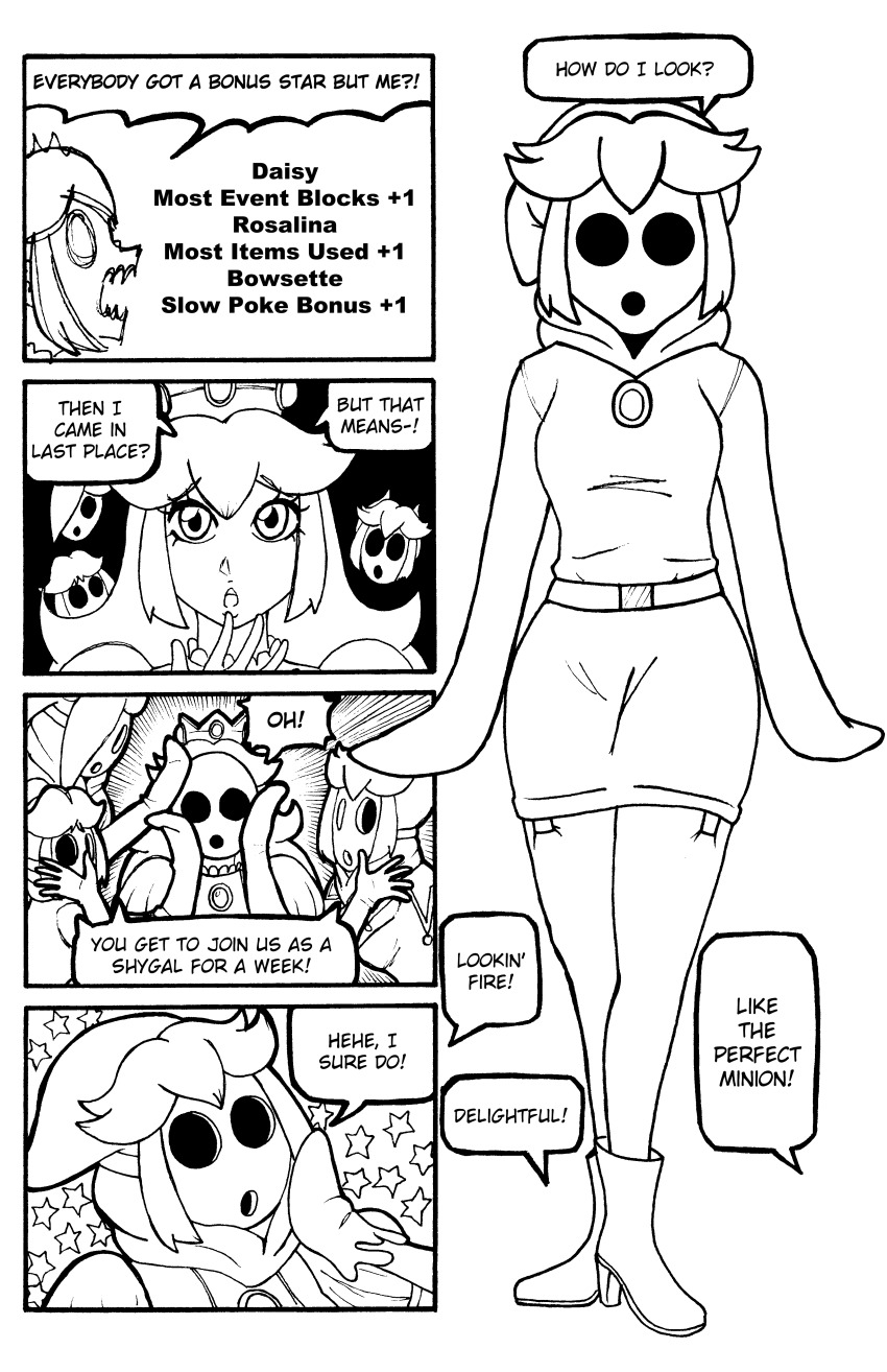 absurdres bowsette closed_eyes clothed comic crown dialogue dress english_text gloves greyscale hair_covering_one_eye jester jesturia jewelry long_hair mask multiple_girls new_super_mario_bros._u_deluxe nintendo open_mouth opera_gloves princess princess_daisy princess_peach princess_rosalina royalty shyguy speech_bubble super_crown super_mario_bros. super_mario_galaxy tagme text transformation