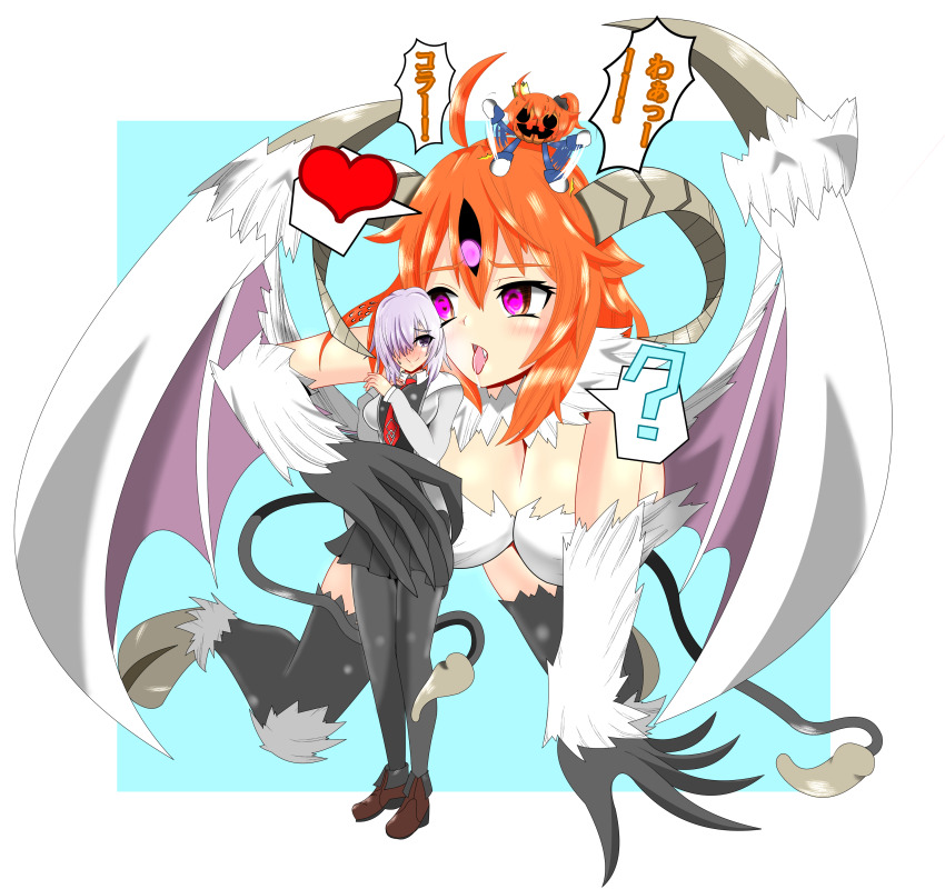 absurdres ahoge black_eyes blue_background blush border breasts cleavage clothed confused demon demon_girl eldritch fate/grand_order fate_(series) femsub giantess glasses hair_covering_one_eye halloween heart horns hypnotized_dom japanese_text kneeling large_breasts long_hair mashu_kyrielight orange_hair pink_hair possession pumpkin ritsuka_fujimaru_(female) short_hair shub-niggurath simple_background sitting speech_bubble spiralwash_eyes standing sweat syoumutyu tail text third_eye tongue tongue_out translation_request wings yuri