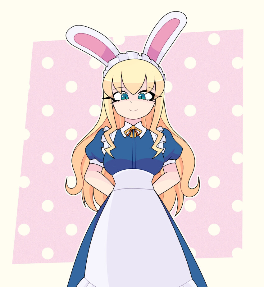 arms_behind_back blonde_hair bow_tie bunny_ears dress eyebrows_visible_through_hair female_only femdom long_hair long_skirt looking_at_viewer maid_headdress pov pov_sub rakuma-imp smile solo