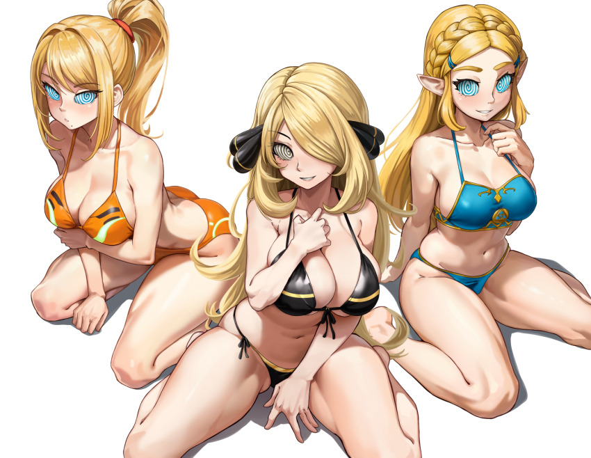 bikini blonde_hair breath_of_the_wild cleavage cynthia elf_ears female_only femsub hair_covering_one_eye happy_trance kneeling large_breasts lazgm long_hair metroid_(series) multiple_girls multiple_subs navel nintendo pokemon pokemon_diamond_pearl_and_platinum ponytail princess_zelda samus_aran smile spiral_eyes the_legend_of_zelda very_long_hair white_background