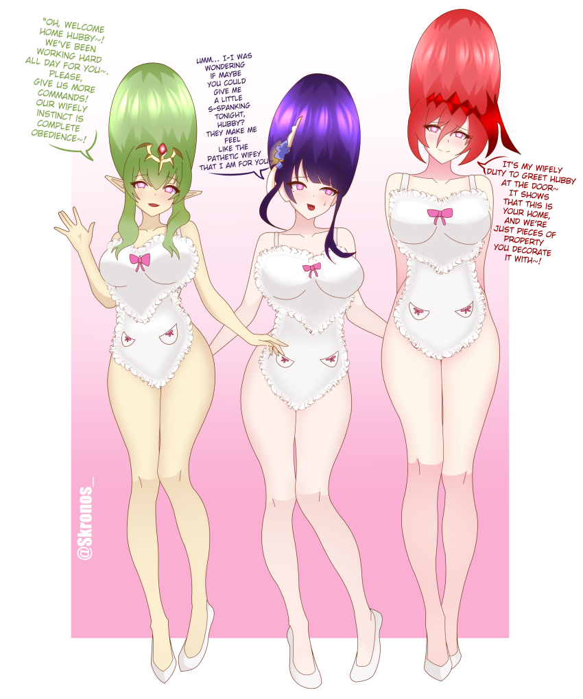 alternate_hairstyle apron bare_legs bare_shoulders beehive_hair blush breasts crossover cygames dialogue english_text eye_color_change female_pov femsub fire_emblem fire_emblem_awakening genshin_impact goddess godsworn_alexiel granblue_fantasy green_hair hair_ornament happy_trance heart heart_eyes high_heels housewife kronobas28 large_breasts legs multiple_girls multiple_subs naked_apron nintendo open_mouth pink_eyes purple_hair raiden_shogun_(genshin_impact) red_hair smile stepfordization symbol_in_eyes text tiki_(fire_emblem) updo