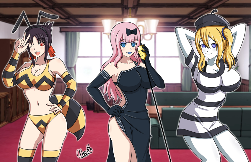 ai_hayasaka alerith antenna bee_girl bee_suit beret black_hair blonde_hair blue_eyes bow bra breasts cleavage dress female_only femsub fujiwara_chika happy_trance kaguya-sama_love_is_war kaguya_shinomiya large_breasts lipstick makeup microphone mime multiple_girls multiple_subs pink_hair red_eyes side_ponytail spiral_eyes story symbol_in_eyes v white_skin wink