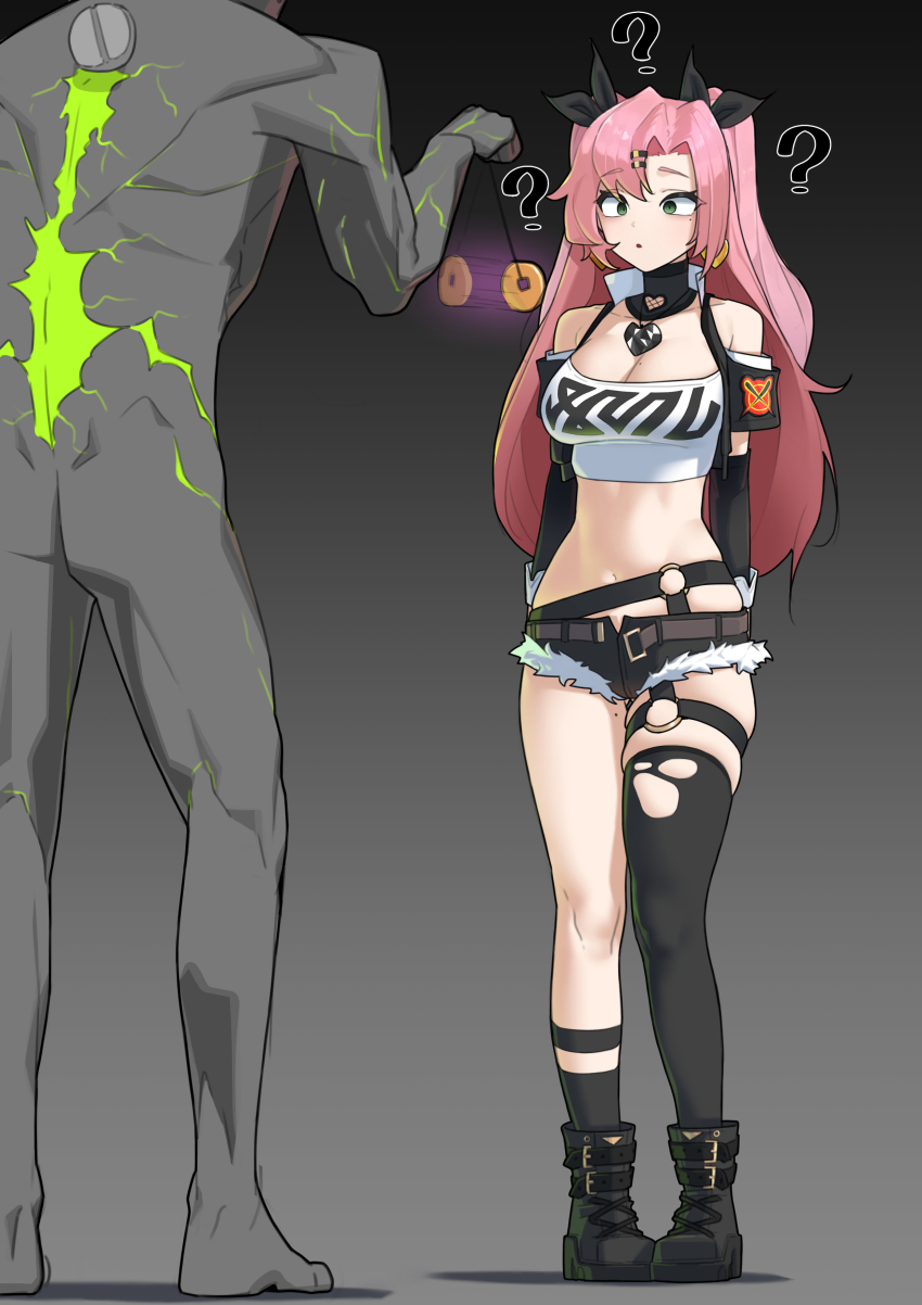 absurdres boots clothed collarbone earrings eyebrows_visible_through_hair femsub fishnets gradient_background green_eyes hair_ornament hair_ribbon heart jewelry kkik long_hair maledom mole nicole_demara nude pendulum pink_hair ribbon short_shorts shorts simple_background standing thigh_gap thighhighs torn_clothes tube_top twintails zenless_zone_zero