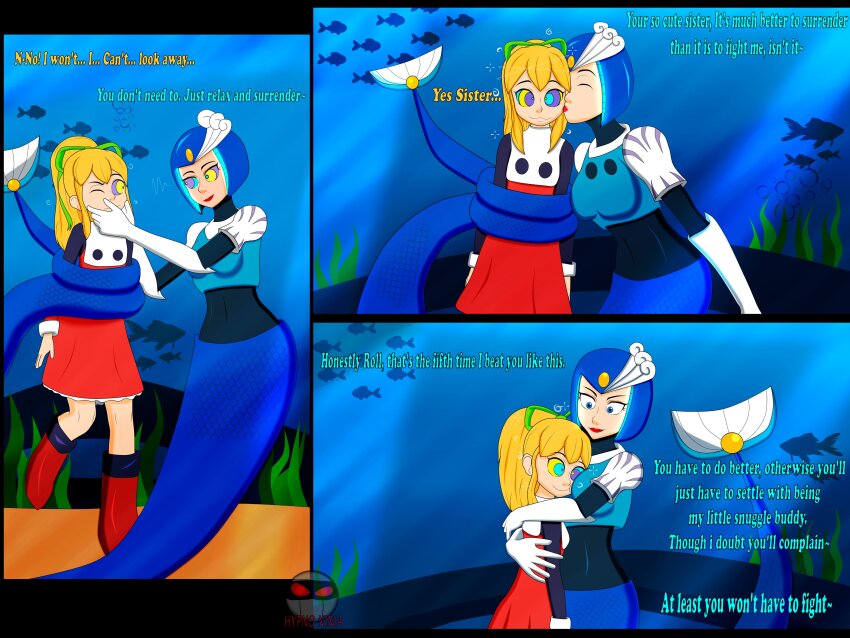 absurdres blonde_hair blue_eyes blue_hair boots capcom chin_hold coils comic crop_top dialogue dress female_only femdom femsub hair_ribbon happy_trance hug hypno_ninja hypnotic_eyes kaa_eyes kissing long_hair megaman_(series) mermaid one_eye_open ponytail resisting restrained robot_girl roll short_hair siren smile splash_woman text underwater watermark