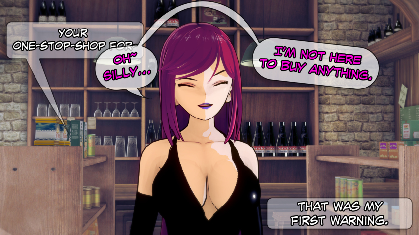 aware circe closed_eyes clothed dc_comics dialogue dogdog english_text latex lipstick purple_hair purple_lipstick text