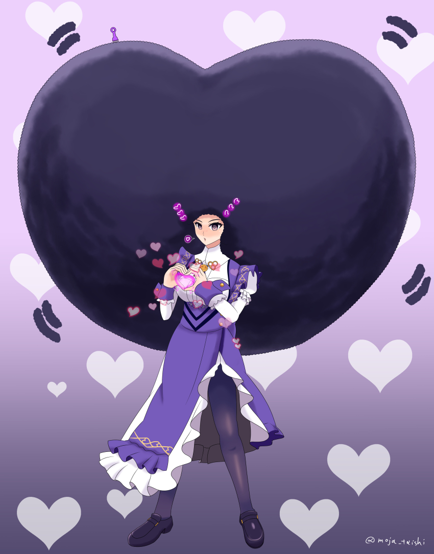 absurdres afro ayra_(fire_emblem) before_and_after black_hair breasts clothed cuffs dress empty_eyes female_only femsub fire_emblem fire_emblem_genealogy_of_the_holy_war gradient_background hand_on_hip heart heart_eyes heart_hands hypnotic_accessory large_breasts legs moja_taishi nintendo pantyhose pink_eyes shoes signature simple_background solo speech_bubble