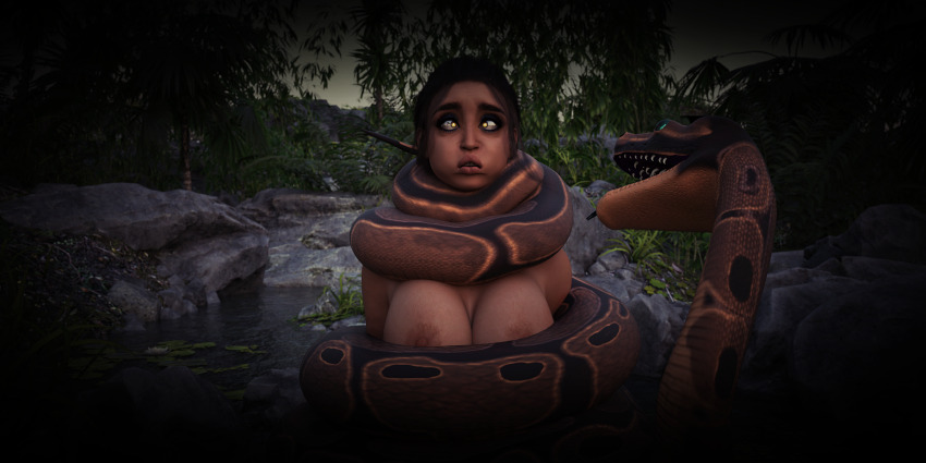 breasts_outside cheek_squish coils crossed_eyes femsub glowing_eyes hypnotic_eyes large_breasts maledom nipples nude open_mouth snake verum_anguis