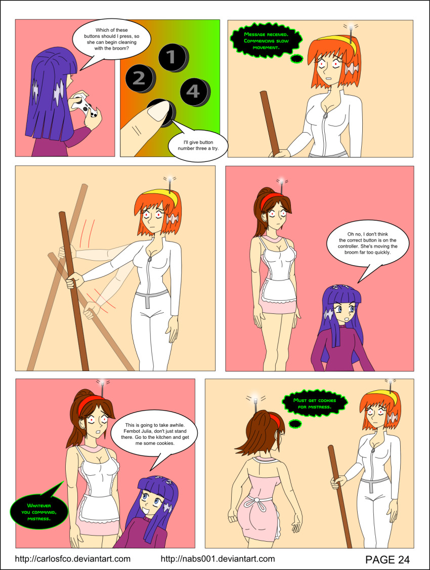 april_o&#039;neil ass brown_hair carlosfco comic dialogue fembot femdom femsub julia_(carlosfco) kigi_(carlosfco) large_breasts long_hair maid nabs001_(colorist) orange_hair original purple_hair short_hair tech_control teenage_mutant_ninja_turtles text