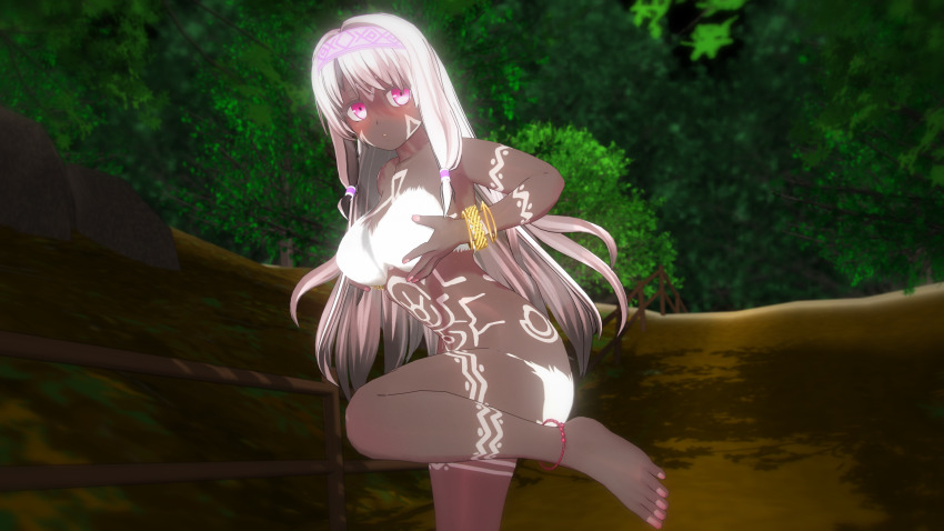 3d absurdres anklet arm_bands ass blush body_markings bra bracelet breast_grab breasts custom_maid_3d_2 dark_side_ruler dark_skin fate/grand_order fate/stay_night fate_(series) feet female_only femsub hair_ornament headband illyasviel_von_einzbern large_breasts midriff nail_polish navel panties pink_eyes sitonai_(fate/grand_order) solo standing tribal very_long_hair white_hair
