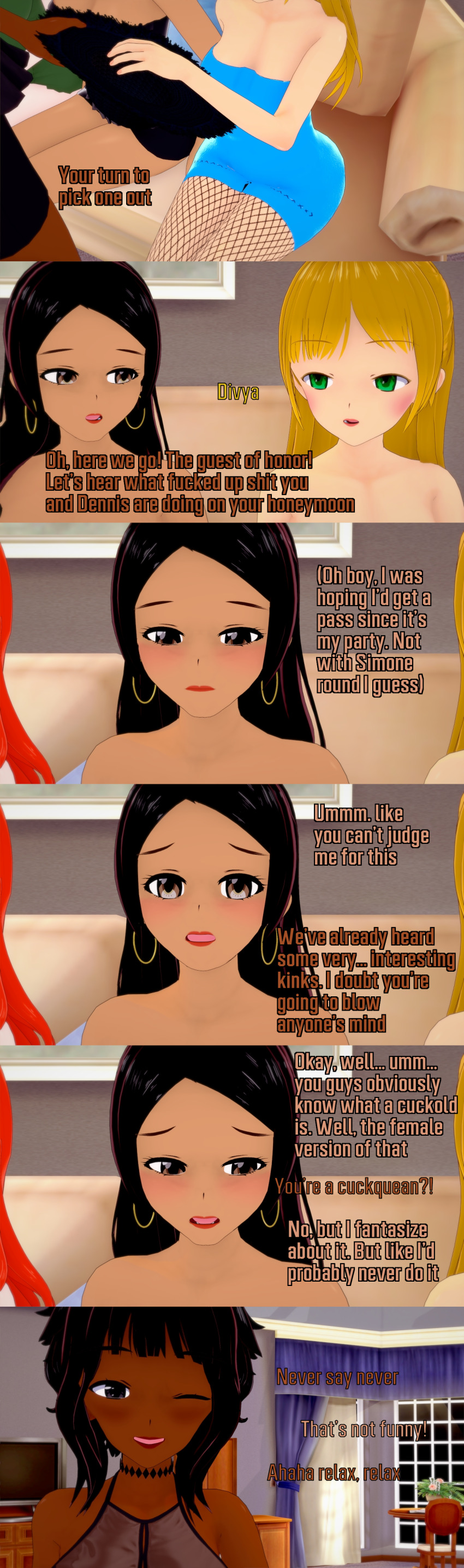 absurdres aware black_eyes black_hair blonde_hair brown_eyes clothed dark_skin dialogue divya_(veritas) english_text green_eyes long_hair melina_(veritas) multiple_girls one_eye_open short_hair simone_(veritas) text veritas wink zenin1