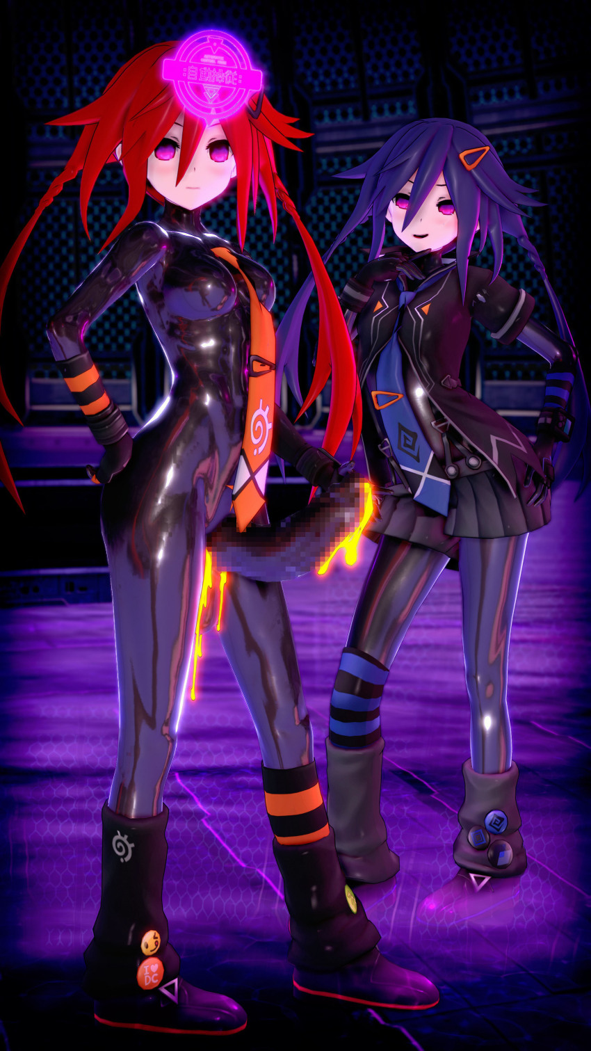 3d alternate_hair_color bangs before_and_after blue_hair bodysuit boots breasts censored control_indicator empty_eyes expressionless femsub futadom futanari gloves hand_on_hip hyperdimension_neptunia koikatsu! latex looking_at_viewer penis pink_eyes red_hair rubber skirt taihou1944 tie tight_clothing twin_braids unusual_cum uzume_tennouboshi