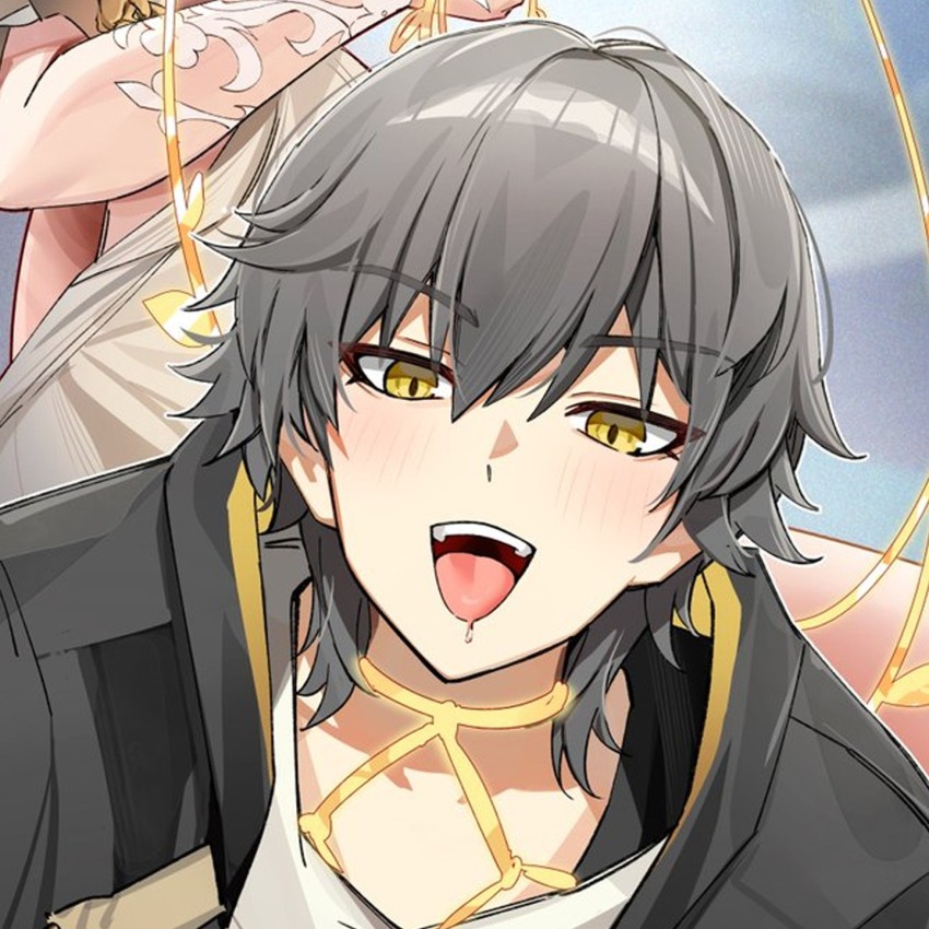 aglaea_(honkai_star_rail) aura blonde_hair blush body_control body_markings bondage caelus_(honkai_star_rail) clothed drool femdom foxyreine glowing honkai_star_rail human_furniture human_puppet hypnotic_magic looking_at_viewer magic malesub open_mouth sitting smile tattoo thighs tongue tongue_out yellow_eyes