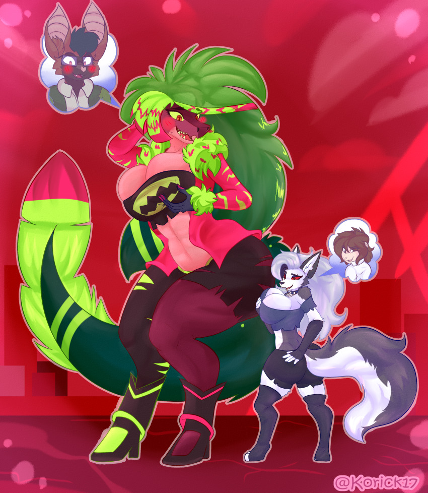 arm_warmers ass bat_boy breast_fondling breasts cleavage cyrus_(cylonmaverick) dinosaur_girl femsub furry giantess green_eyes green_hair hazbin_hotel helluva_boss high_heels holding_breasts huge_breasts jam_(monkeyscientis1) korick17 large_ass looking_back loona_(helluva_boss) maledom midriff monkey_boy nail_polish navel orange_eyes original possession raptor_girl red_sclera smile standing tail very_long_hair wolf_girl yellow_sclera zeezi_(hazbin_hotel)