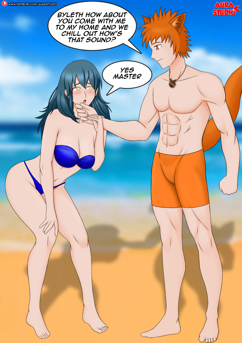 abs alternate_costume aurastudio bare_legs bare_shoulders barefoot beach blue_hair blush breasts byleth_eisner character_request chin_hold cleavage dialogue english_text exposed_chest femsub fire_emblem fire_emblem_three_houses kitsune_boy leaning_forward legs long_hair maledom midriff navel nintendo open_mouth orange_eyes orange_hair outdoors short_hair shorts speech_bubble spiral spiral_eyes standing swimsuit tail text thighs yellow_eyes