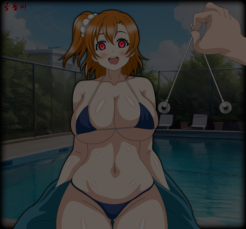 absurdres bikini blush breasts coin empty_eyes femsub glowing_eyes gondol-i happy_trance honoka_kousaka large_breasts love_live! love_live!_school_idol_project midriff multicolored_eyes navel open_mouth orange_hair pendulum side_ponytail signature swimsuit tagme thigh_gap thighs