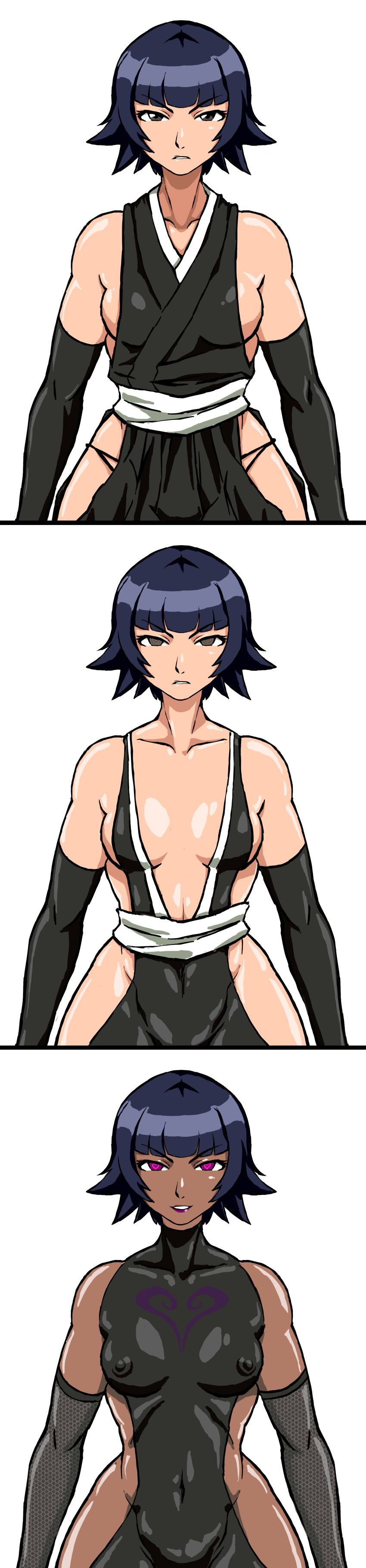 absurdres black_eyes black_hair bleach breasts clothed erect_nipples erect_nipples_under_clothes female_only femsub heart heart_eyes latex nikunigusee nipples short_hair simple_background small_breasts soi_fon solo spiral spiral_eyes symbol_in_eyes tan_skin white_background