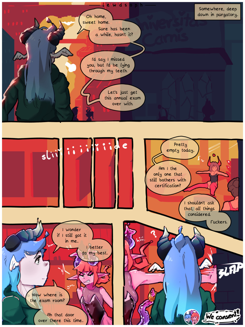 absurdres blue_hair border bunnysuit comic dialogue horns kaela_(pupsoph) original piercing pupsoph red_hair simple_background speech_bubble story succubus tagme tail text thighhighs vexlyth_(pupsoph)