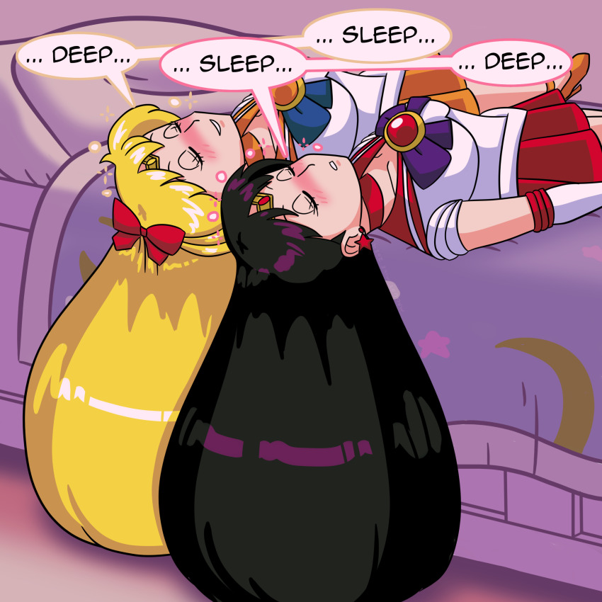 absurdres bed black_hair blonde_hair blush bow catalepsy circlet dialogue female_only femsub hair_ornament happy_trance long_hair lying maggotmike mantra multiple_girls multiple_subs on_back ribbon sailor_mars sailor_moon_(series) sailor_venus skirt sleep_command sleeping smile speech_bubble text