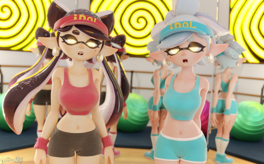 absurdres callie_(splatoon) dochaunt drool earrings female_only femsub hat hypnotic_screen marie_(splatoon) midriff multiple_girls multiple_subs navel nintendo open_mouth reflection shorts spiral spiral_eyes splatoon standing