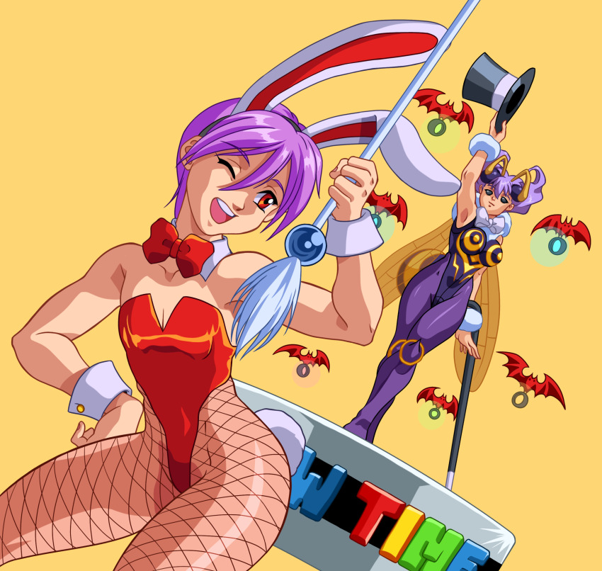 alternate_costume antenna_(biology) bare_shoulders bat_wings bee_girl black_eyes body_control breasts bunny_ears bunny_girl bunnysuit capcom choker cleavage cuffs dancing darkstalkers english_text female_only femdom femsub fishnets floating hand_on_hip happy_trance hat lilith_aensland one_eye_open pantyhose purple_hair q-bee red_eyes short_hair smile stage stage_hypnosis standing succubus text tight_clothing tights top_hat transparent_background wings wink zabzarock
