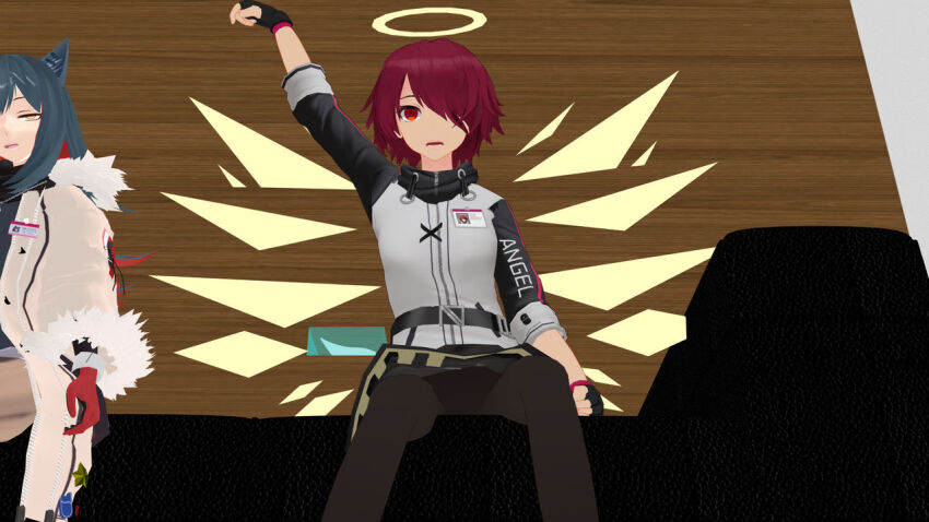 3d airmotor alternate_costume angel angel_girl animal_ears arknights arm_levitation black_hair clothed coat couch empty_eyes exusiai_(arknights) female_only femsub fingerless_gloves fur_coat gloves hair_covering_one_eye halo heavy_eyelids hoodie id_card jacket jewelry long_hair mmd multicolored_hair multiple_girls multiple_subs necklace office open_mouth pantyhose red_eyes red_hair short_hair shorts sitting skirt texas_(arknights) tights traditional_hypnosis upskirt wings wolf_girl zipper