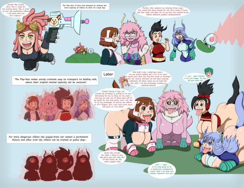 alanwrecked ass black_hair blue_hair brown_hair dialogue dog_pose femdom femsub green_hair happy_trance horns izuku_midoriya large_breasts long_hair mei_hatsume mina_ashido momo_yaoyorozu my_hero_academia nejire_hado ochaco_uraraka pet_play pink_hair pink_skin raygun short_hair tail text tongue_out