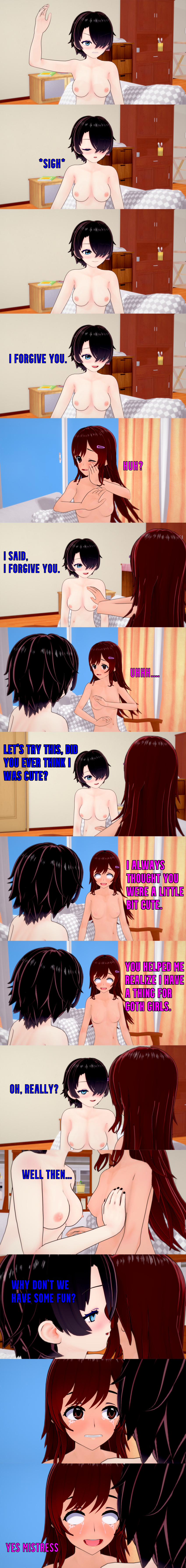 absurdres aware black_hair blue_eyes body_control breast_grab breasts brown_eyes brown_hair closed_eyes dialogue english_text female_only femdom femsub hair_covering_one_eye koki_(witch) kurai_(witch) long_hair mad_jacks multiple_girls nipples nude one_eye_open scared short_hair tears text white_eyes whitewash_eyes witch_(mad_jacks)