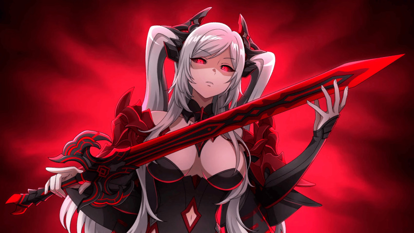 alexia_midgar black_sclera breasts corruption eye_color_change femsub game_cg glowing_eyes large_breasts long_hair looking_at_viewer official red_eyes sword the_eminence_in_shadow white_hair